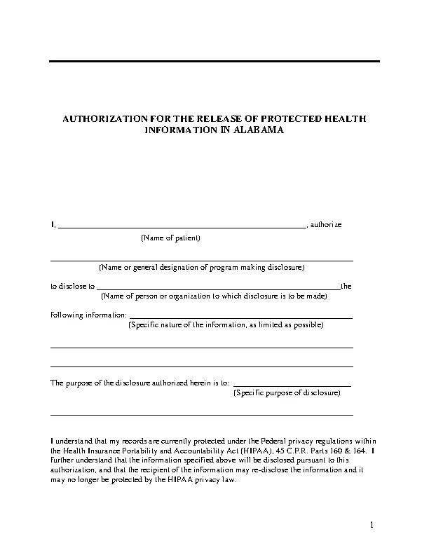 Alabama HIPAA Release Form PDFSimpli