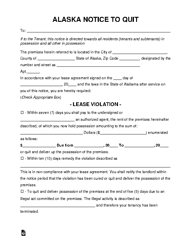Alaska Eviction Notice To Quit Form