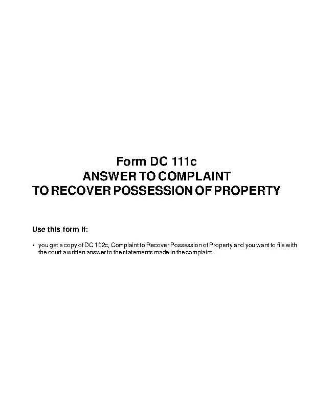Answer To Complaint To Recover Possession Of Property Dc111C