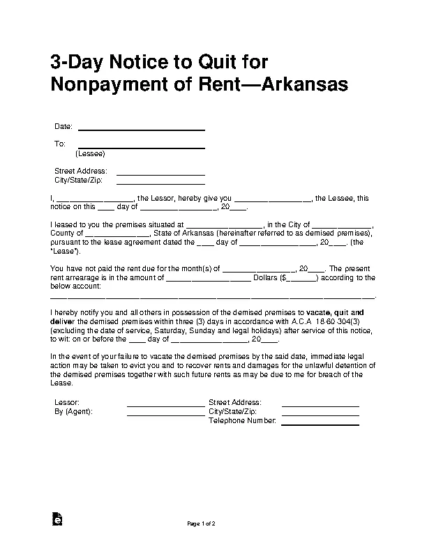 Arkansas 3 Day Notice To Pay Or Quit Form