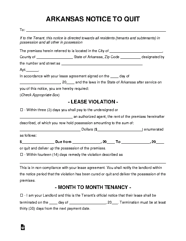 Arkansas Eviction Notice To Quit Form