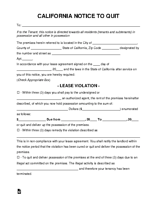 California Eviction Notice To Quit Form