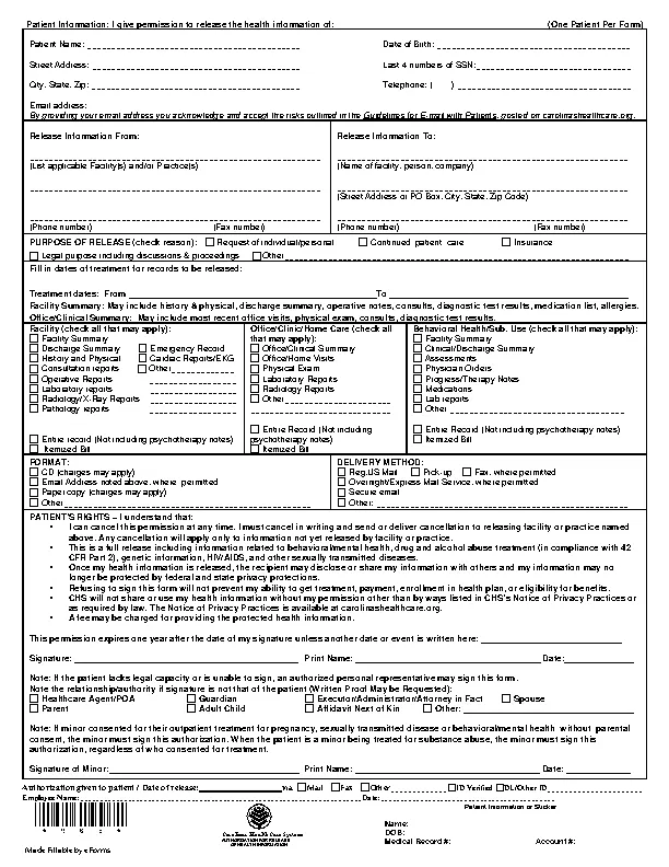 Carolinas Hipaa Medical Release Form