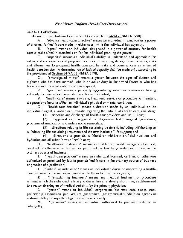 Chapter 24 Article 7A New Mexico Uniform Health Care Decisions Act