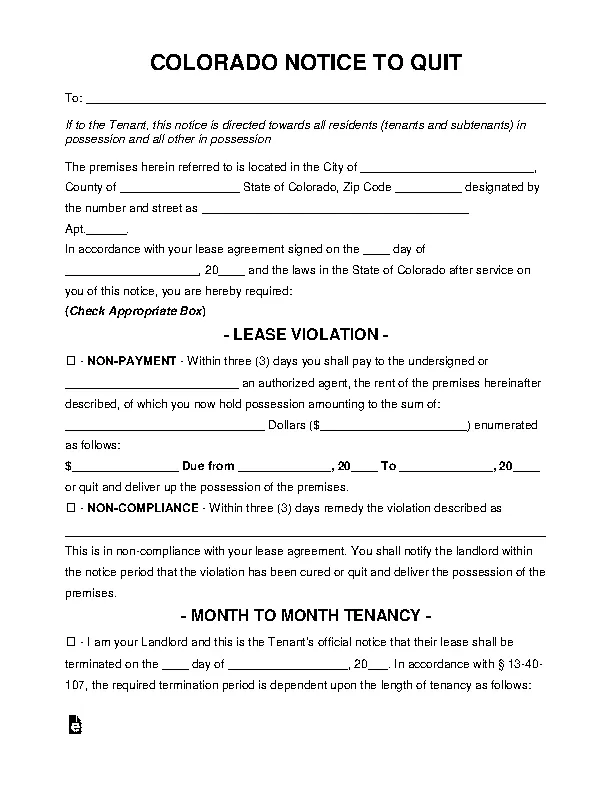 Colorado Eviction Notice To Quit Form
