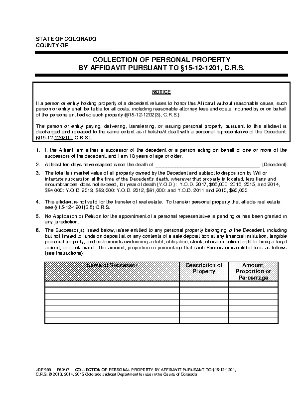 Colorado Small Estate Affidavit Form Jdf 999