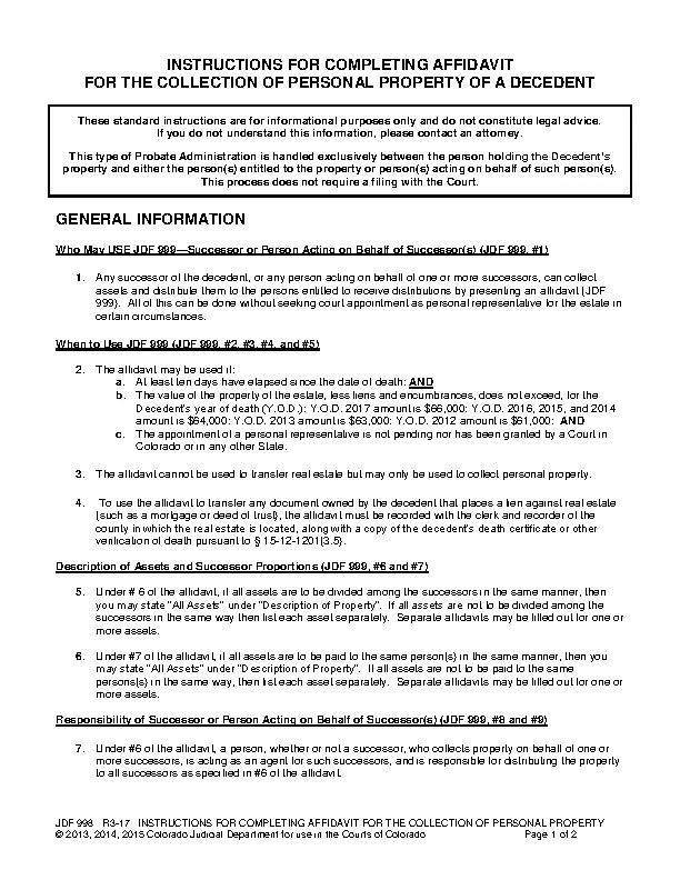Colorado Small Estate Affidavit Instructions Form JDF 998 PDFSimpli