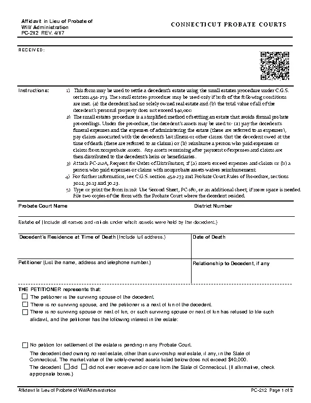 Connecticut Small Estate Affidavit Form PC 212 - PDFSimpli