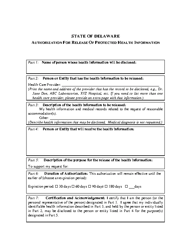 Delaware Hipaa Medical Release Form