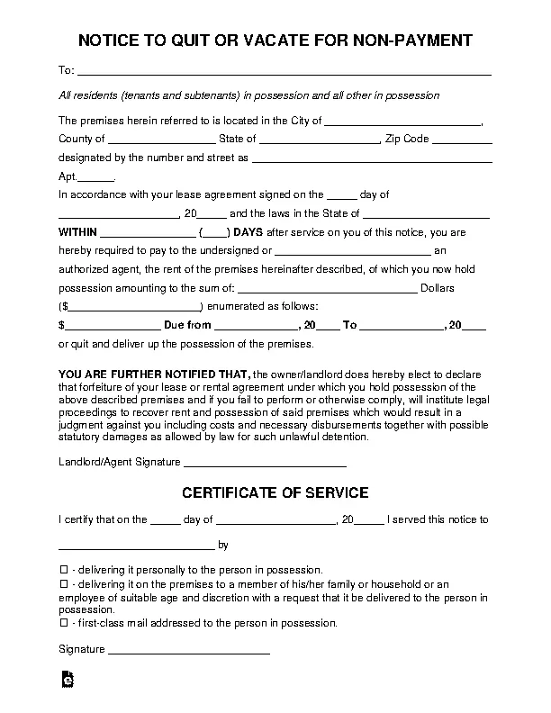 Eviction Notice To Pay Or Quit Form