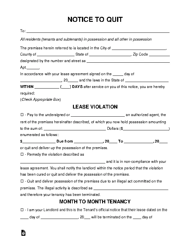 Eviction Notice To Quit Template Form