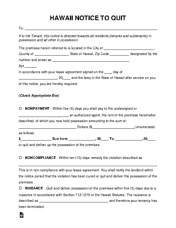 Hawaii Eviction Notice To Quit Form