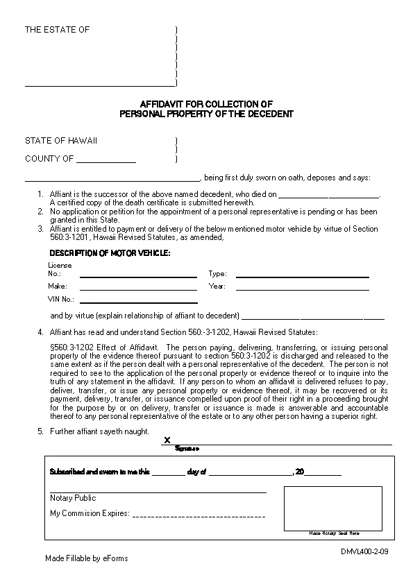 Hawaii Small Estate Affidavit For Motor Vehicles Pdfsimpli 8758