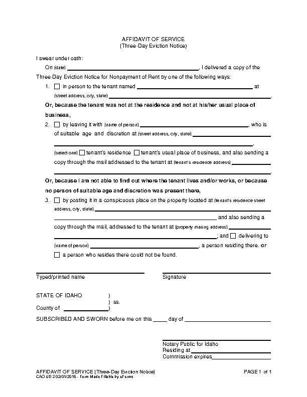 Idaho 3 Day Notice To Pay Or Quit Affidavit Of Service Cao Ud 2