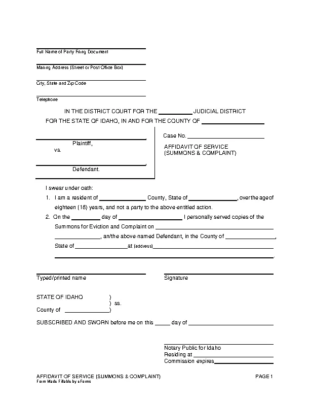 Idaho Affidavit of Service Summons and Complaint - PDFSimpli