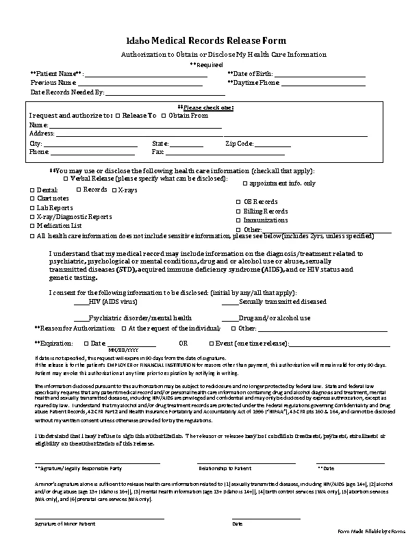 Idaho Hipaa Medical Records Release Form