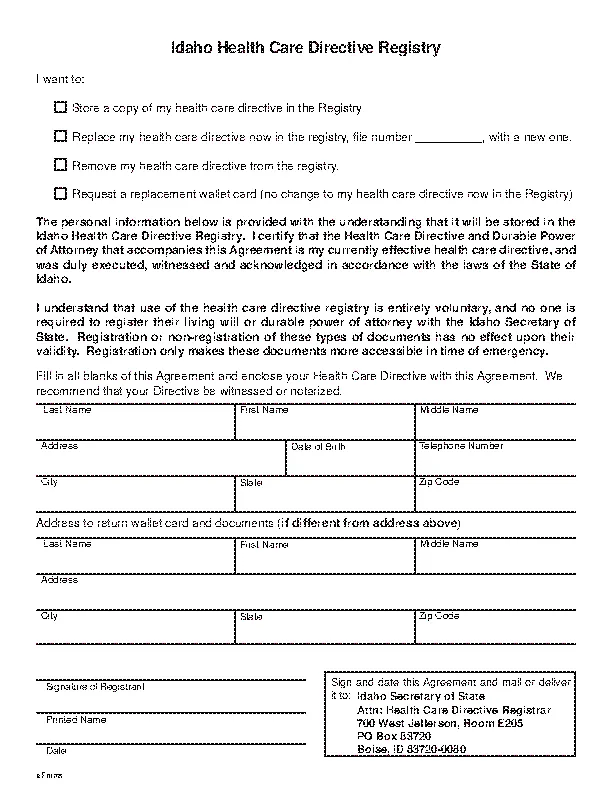 Idaho Health Care Registration Form