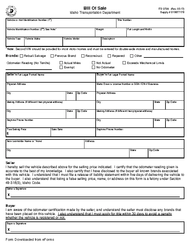 Idaho Motor Vehicle Bill of Sale Form 3738 - PDFSimpli