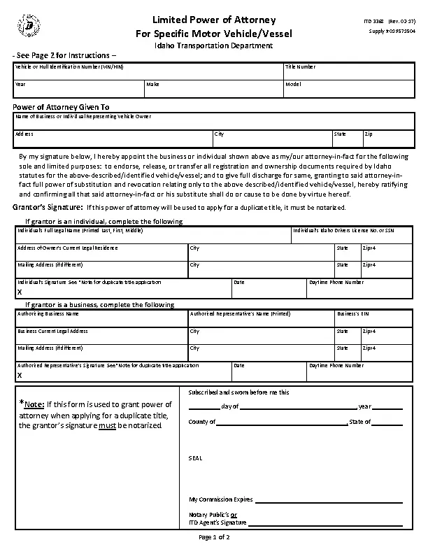 Idaho Motor Vehicle Power of Attorney Form 3368 - PDFSimpli