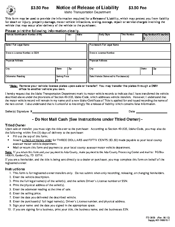 Idaho Notice Of Release Of Liability Form Itd 3858