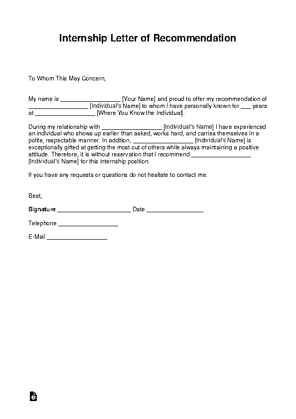 Internship Letter Of Recommendation Template