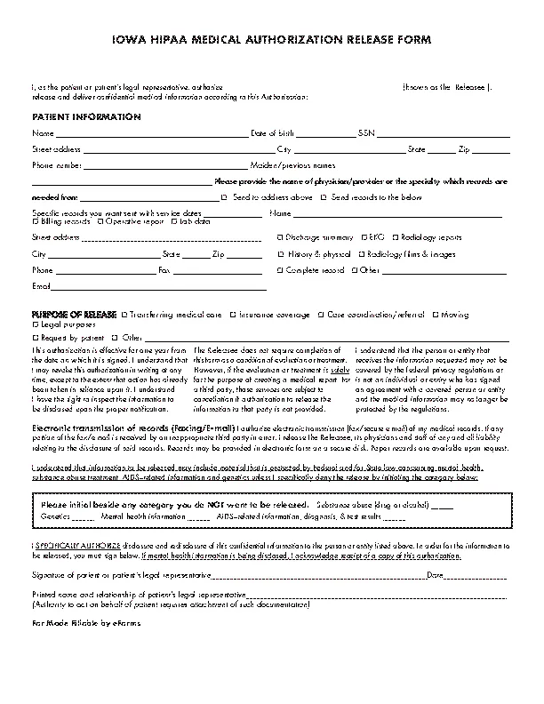Iowa Hipaa Medical Release Form