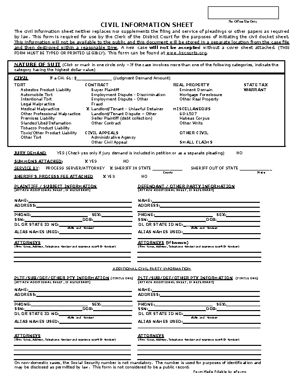 Kansas Civil Case Information Sheet