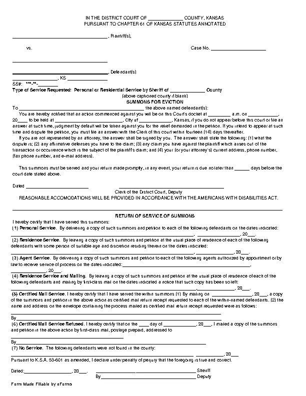 Kansas Eviction Summons Form - PDFSimpli