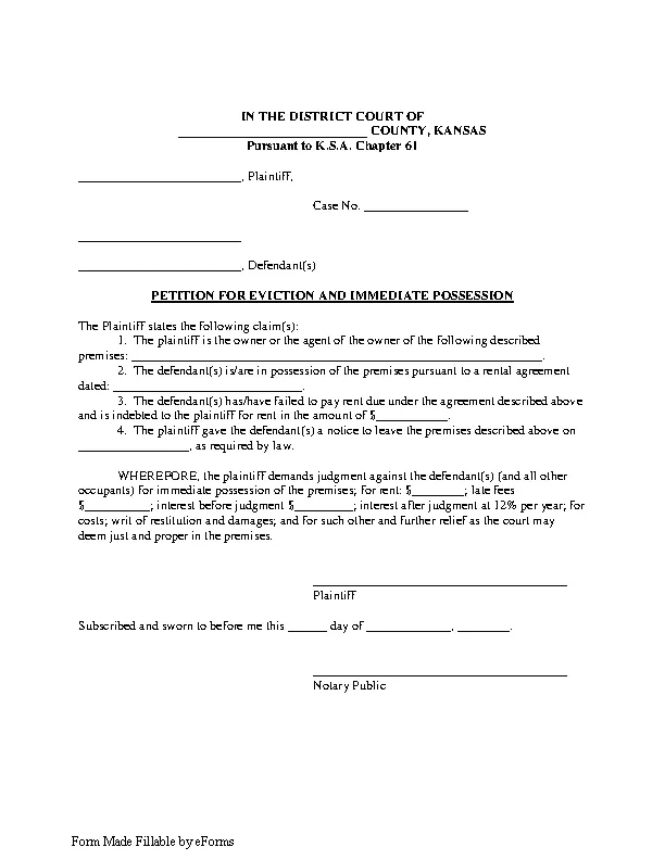 Kansas Petition For Eviction Form