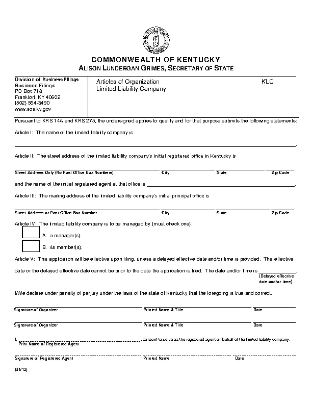 Kentucky Articles Of Organization