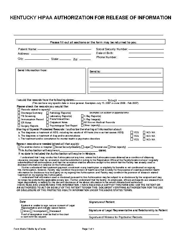 Kentucky Hipaa Medical Release Form