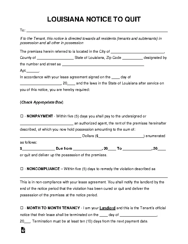 Louisiana Eviction Notice To Quit Form PDFSimpli