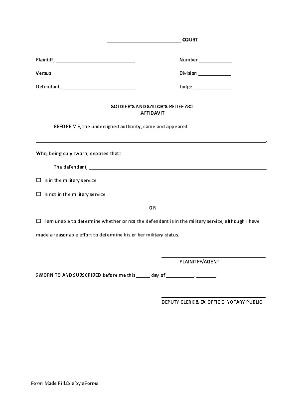 Louisiana Soldiers Sailors Relief Affidavit Form - PDFSimpli