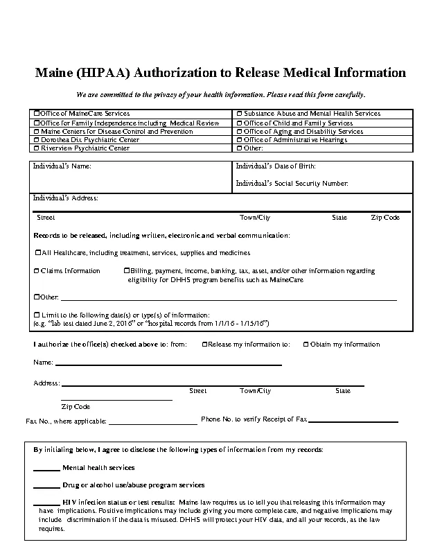 Maine Hipaa Medical Authorization Release Form