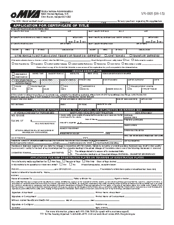 Maryland Application For Certificate Of Title Form Vr 005