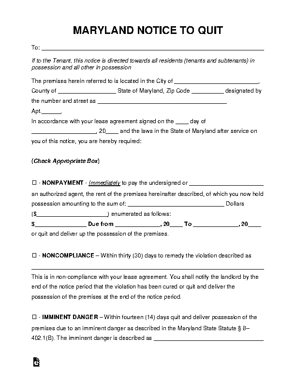 Maryland Eviction Notice to Quit Form - PDFSimpli