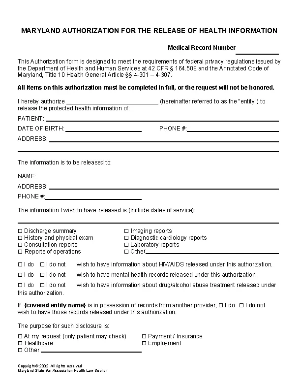 Maryland Hipaa Medical Authorization Release Form