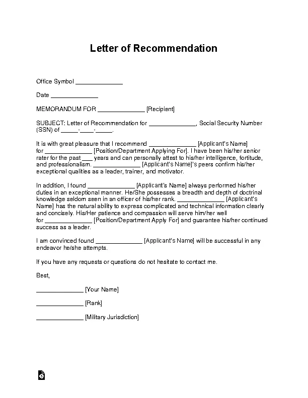 Military Letter Of Recommendation