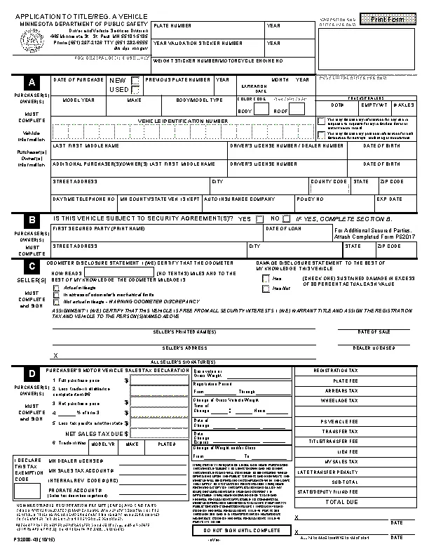 Minnesota Mv Title And Register Motor Vehicle Application
