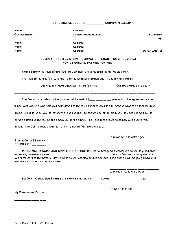 Mississippi Complaint for Eviction Non Payment of Rent - PDFSimpli