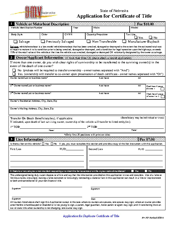 Nebraska Application For Certificate Of Title