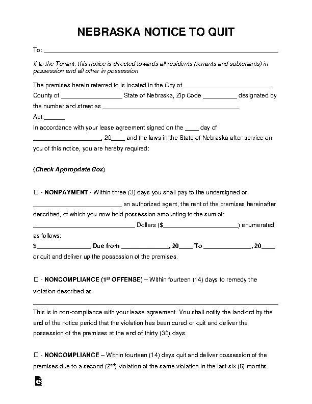 Nebraska Eviction Notice to Quit Form PDFSimpli
