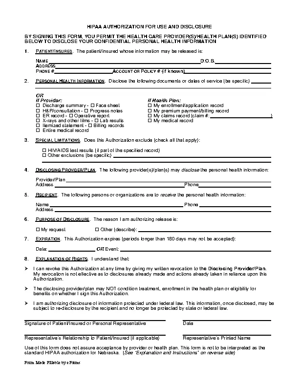 Nebraska HIPAA Authorization Form - PDFSimpli