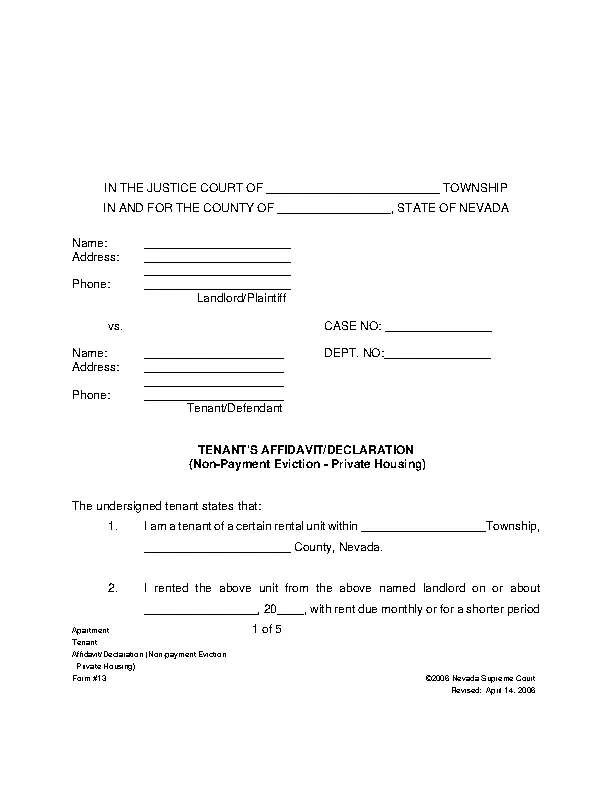 Nevada Tenant Answer Form Non Payment Of Rent