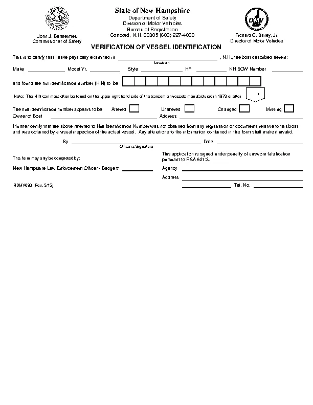 New Hampshire Verification of Vessel Identification Form rdmv690