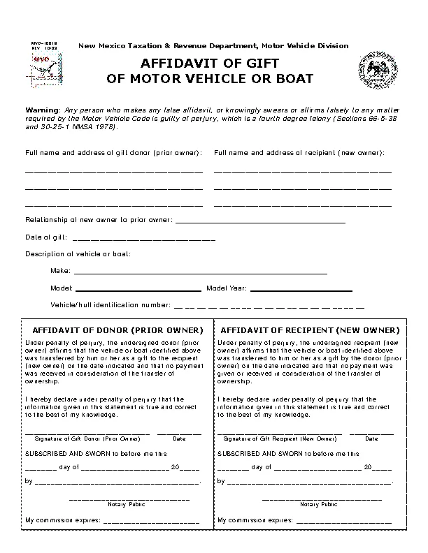 New Mexico Gift Of Motor Vehicle Or Boat Affidavit Form Mvd10018