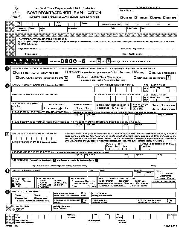 New York Boat Registration Title Application Form Mv82B