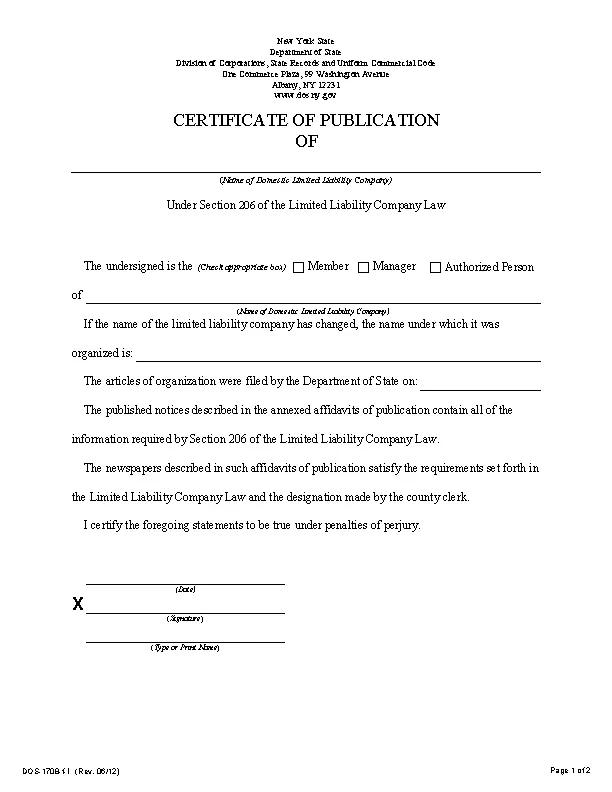 New York Certificate Of Publication