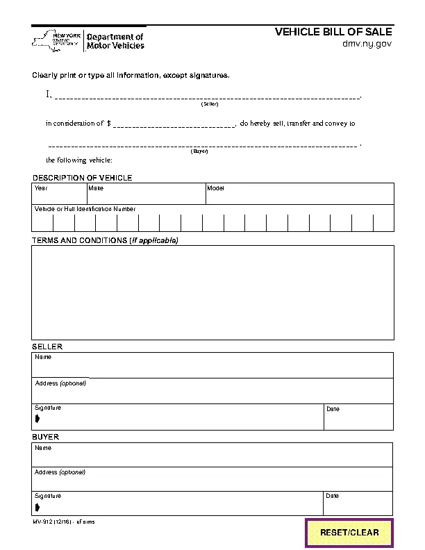 New York DMV Bill of Sale Form mv 912 - PDFSimpli