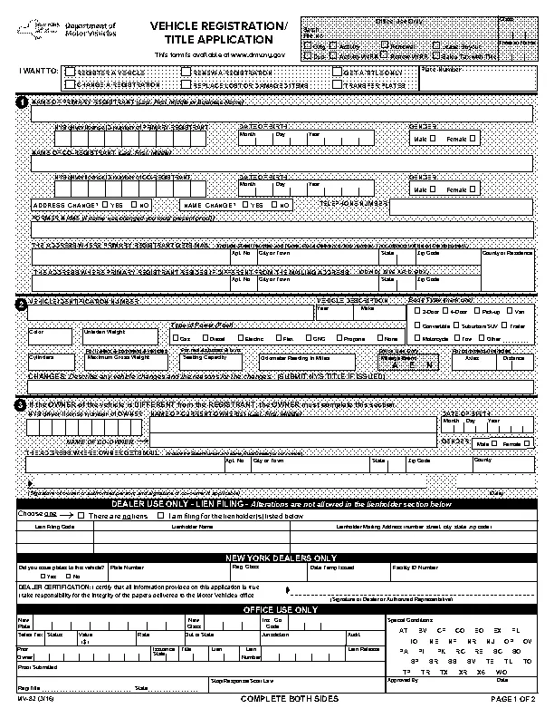 New York Vehicle Registration Title Application Mv82
